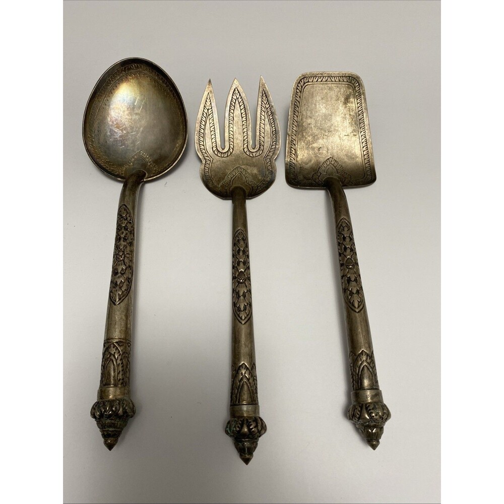 Khmer Camodian Ornate SE Asian Metal Serving ware Spoon, Fork, Spatula